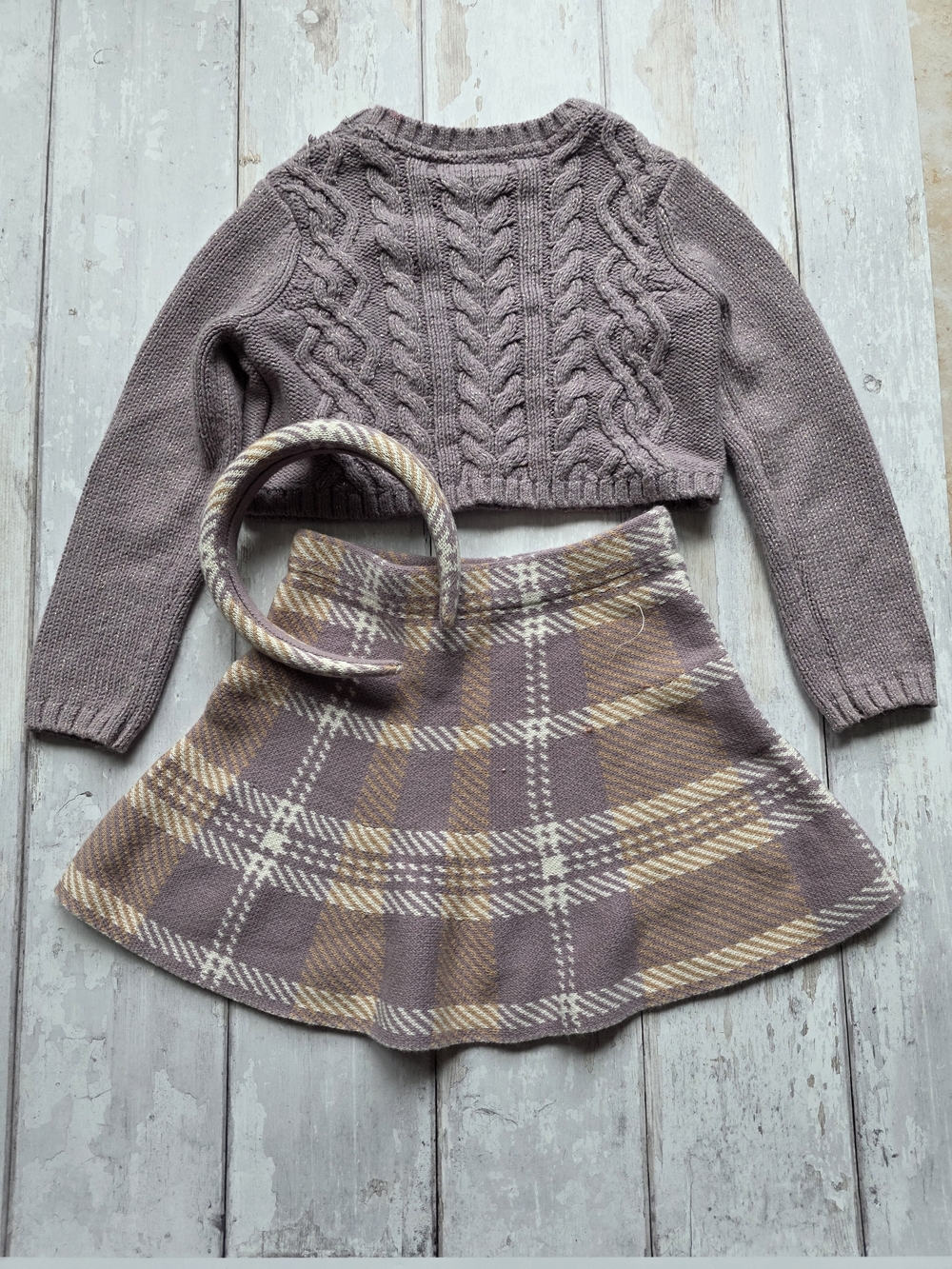 cupcakes & cashmere Mauve Knit Cable Sweater Set with Plaid Skirt & Headband
